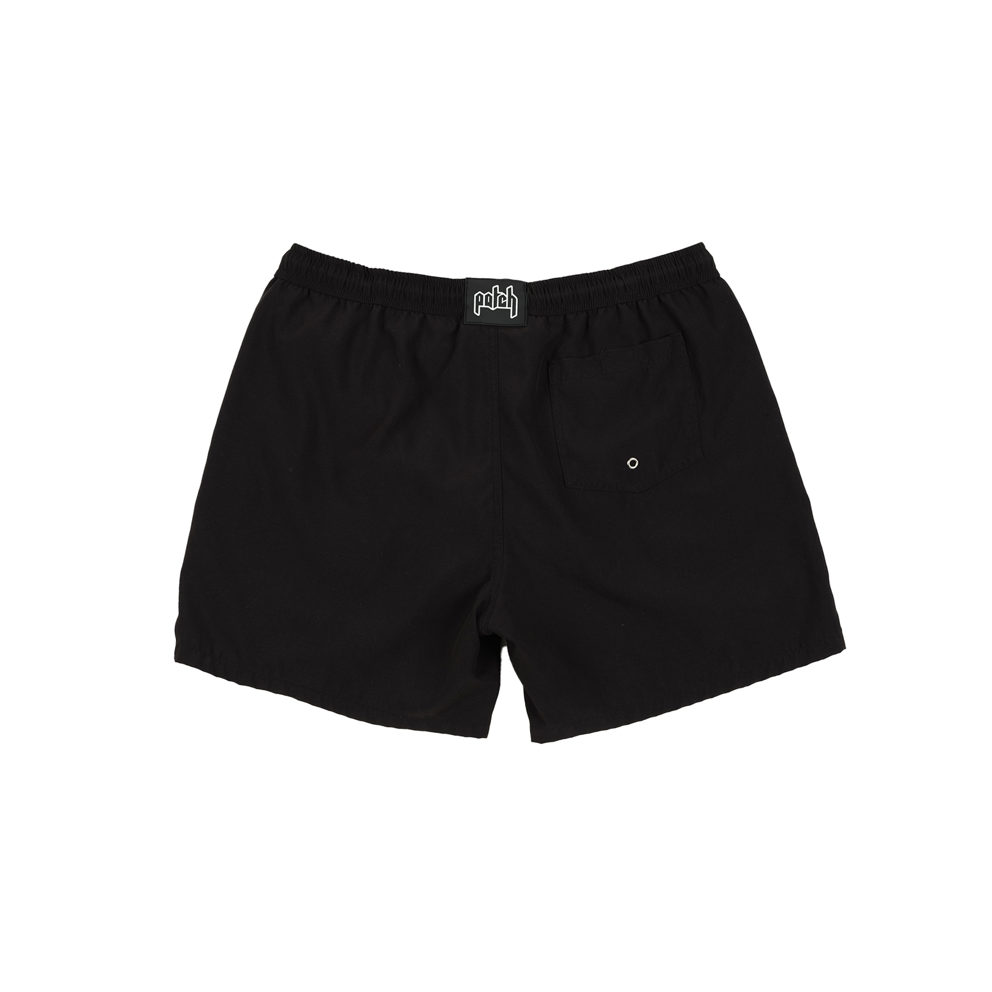 Rear View of the Black Color Patch Resort Shorts