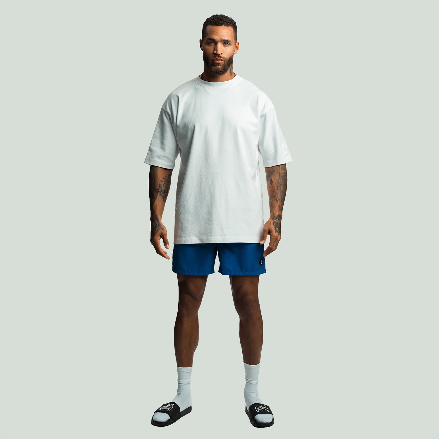 White Color Patch Distortion T-shirt front View of Model